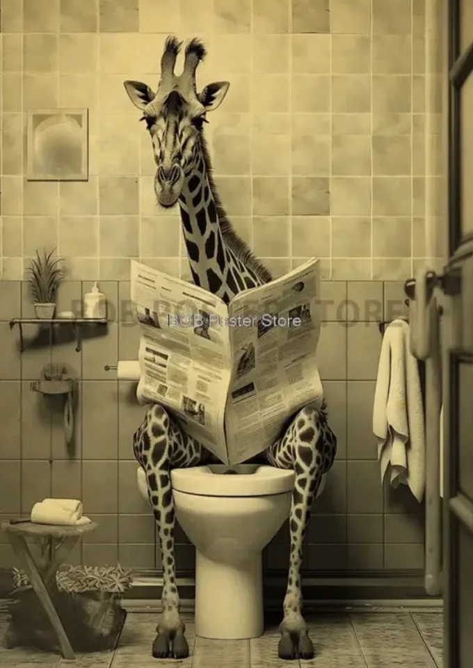 Original Animals on the Toilet artwork: a giraffe seated on a toilet reading a newspaper, with the creator watermark intact