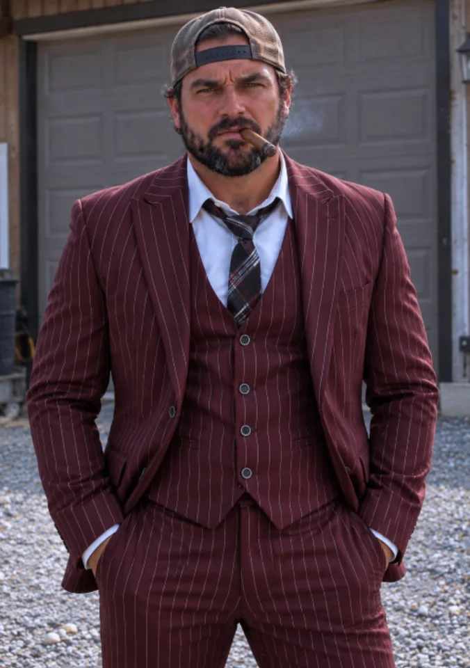 Mens Vested Gangster Pinstripe 1920's Suit in Burgundy
